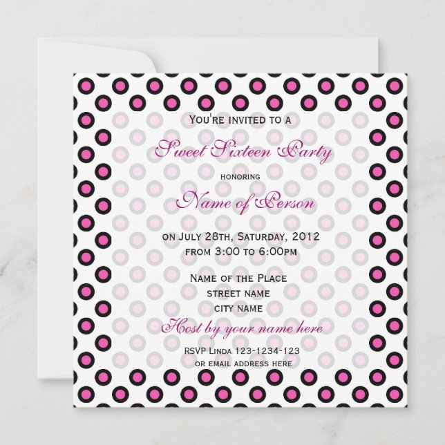 Convite Doce 16 aniversários, bolinhas rosa (Frente)