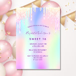 Convite Doce, 16 anos, arco-íris, cor-de-rosa, cor-de-rosa<br><div class="desc">Uma menina e feminina Doce 16, 16º convite de aniversário. Na frente: Um fundo colorido do arco-íris em roxo, rosa, verde-menta, rosa dourado. Decorado com brilho falso em ouro roxo, rosa e falso. Personalize e adicione um nome e detalhes da parte. O nome é escrito com um script de estilo...</div>