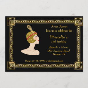 Convite Doce 16 anos, estilo Gatsby, preto e ouro