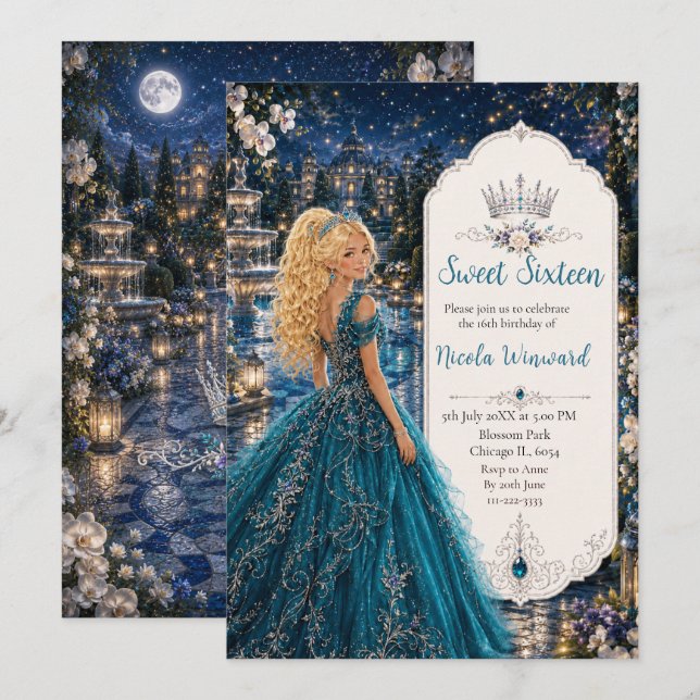 Convite Doce 16 Anos Princesa Jardim Azul Turquesa (Frente/Verso)