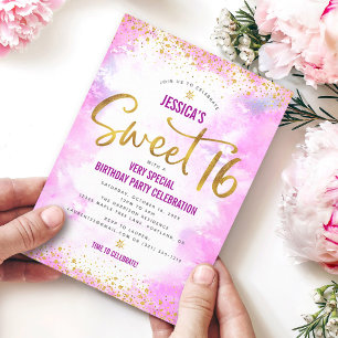 Convite Doce 16 Anos Rosa Aquarela Dourado Aniversário Mod
