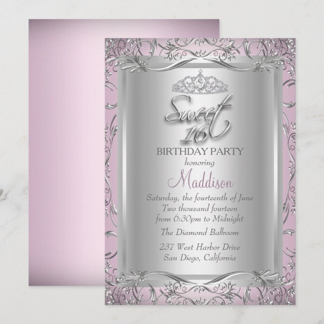 Convite Doce 16 Anos Tiara Rosa Prata Damask (Frente/Verso)