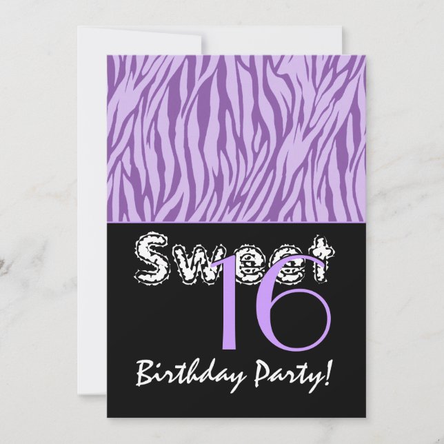 Convite Doce 16 anos Zebra stripes violeta roxo (Frente)