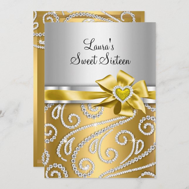 Convite Doce 16 Anúncios de Diamante de Arco e Sparkle Dou (Frente/Verso)