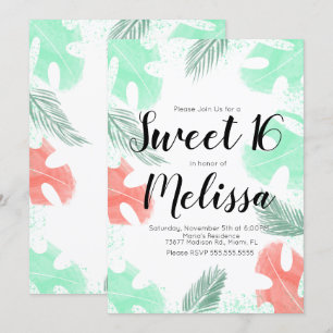 Convite Doce 16 Aquarela Monstera Coral Folhas de Hortelã