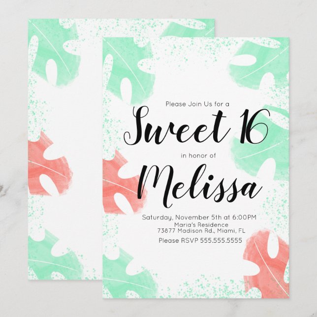 Convite Doce 16 Aquarela Monstera Folhas de Coral Mint (Frente/Verso)