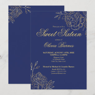 Convite Doce 16 Azul e Dourado Arte Floral em Linhas