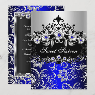 Convite Doce 16 Azul Prata Preto Floral Jóia Festa