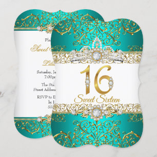 Convite Doce 16 Azul Teal Dourado Diamante Glamour Anivers