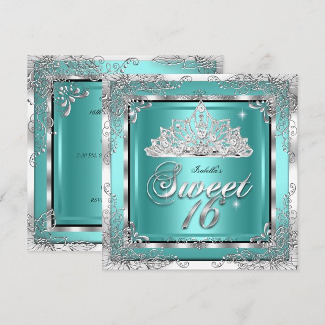 Convite Doce 16 Azul Teal Prata Tiara de Diamante Festa (Frente/Verso)