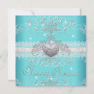 Convite Doce 16 Azul-Teal - Tiara Lace Heart