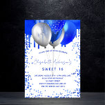 Convite Doce 16 balões brancos azuis reais pingados<br><div class="desc">Um fundo branco. Decorado com o visual azul-real de brilho pingando tinta pingando,  faíscas. Balões azuis e prateados falsos. Personalize e adicione um nome e detalhes da parte. O nome é escrito com um script de estilo manuscrito.</div>