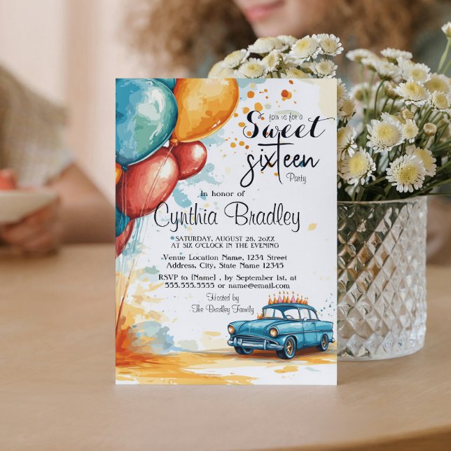Convite Doce 16 Balões e Carro de Festa de aniversário I (Criador carregado)