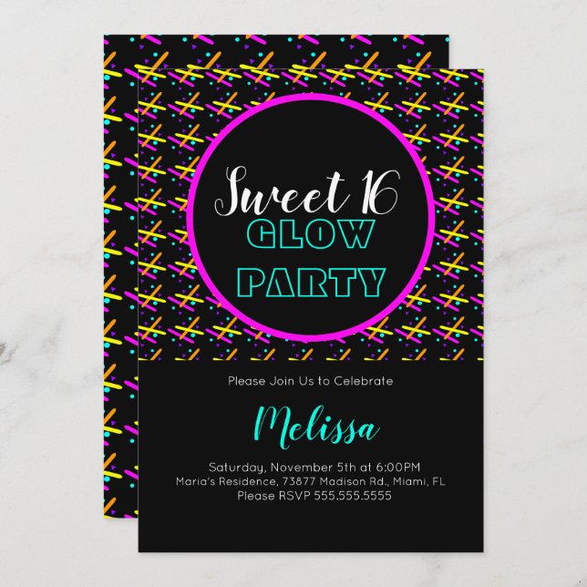Convite Doce 16 Beam Neon Louco Brilhando No Partido Escur (Frente/Verso)