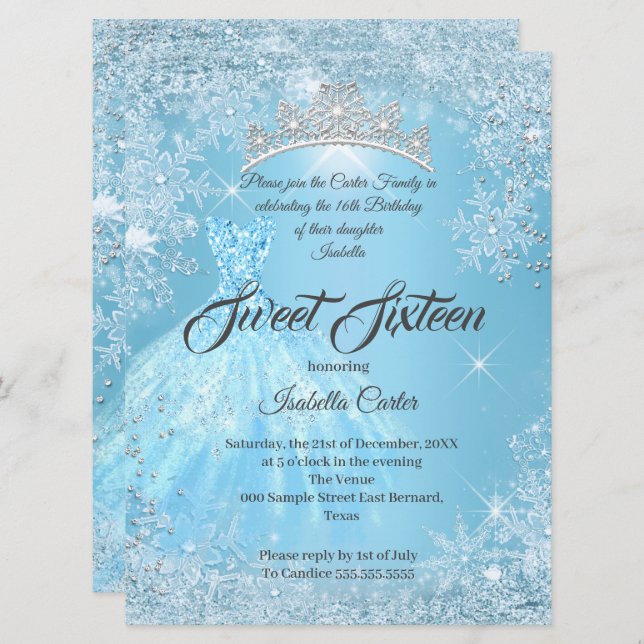 Convite Doce 16 Birthday Cinderella Blue Snowflake Winter (Frente/Verso)