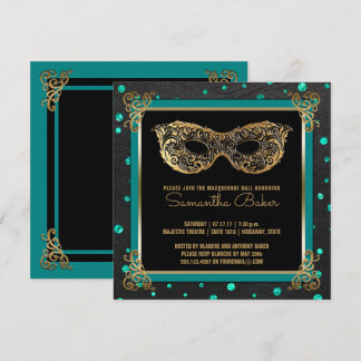 Convite Doce 16 Bola Mascarada Doce 16 Teal Dourado