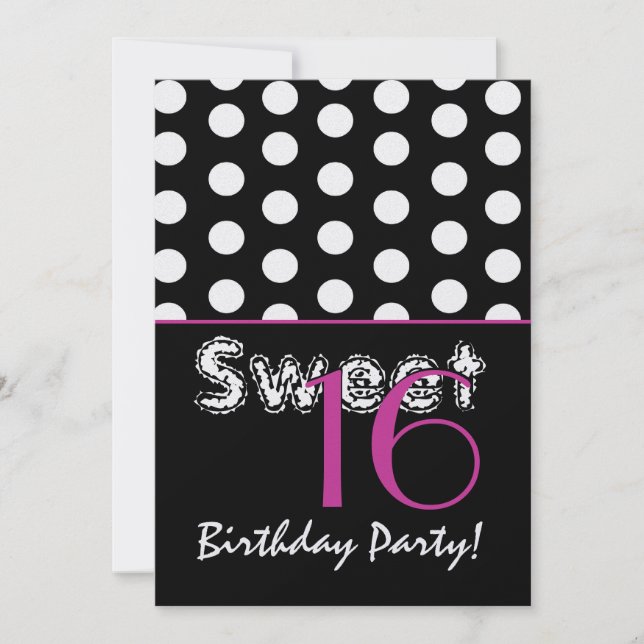 Convite Doce 16 bolinhas preto e branco do aniversário (Frente)