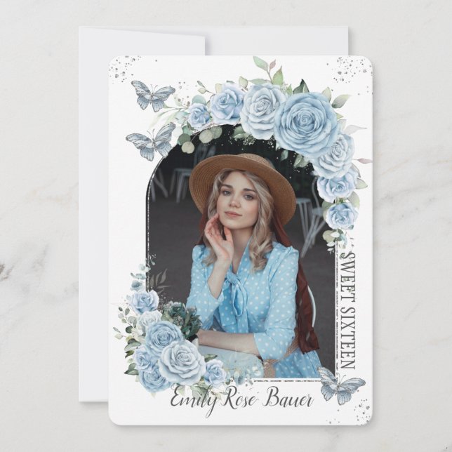 Convite Doce 16 Borboletas Azuis Florais de Aniversário Fo (Frente)