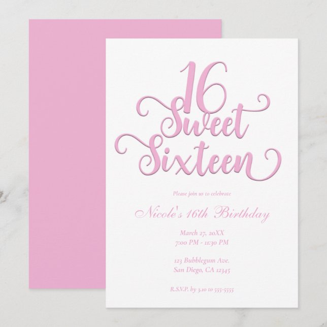 Convite Doce 16 Branco & Rosa Bubblegum Tipo Aniversário (Frente/Verso)