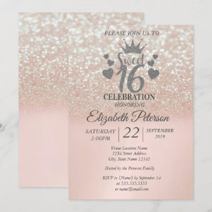 Convite Doce 16 Brilho Bokeh Ombre, Tiara com Brilho