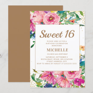Convite Doce 16 Brilho Dourado Floral Amarelo Rosa