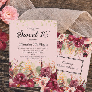 Convite Doce 16 Brilho Dourado Floral Burgundy Rosa