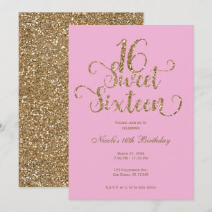 Convite Doce 16 Bubblegum Rosa e Dourado Brilho Aniversári