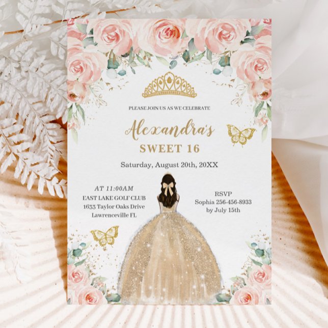 Convite Doce 16 Campanha Floral Blush Princesa (blush pink floral champagne dress princess butterflies sweet sixteen 16th birthday invitation cards )