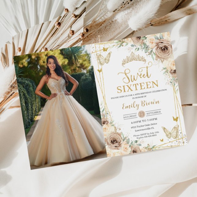 Convite Doce 16 Champagne Brown Floral Butterflies Foto (sweet sixteen 16 birthday champagne gold beige brown floral flowers roses butterflies invitations)