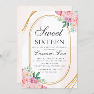 Convite Doce 16 Cinza Floral Cor-de-Água Cor Rosa, Anivers