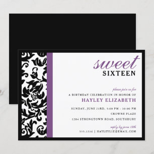 Convite Doce 16 Damask Modern com Fronteira, Roxo