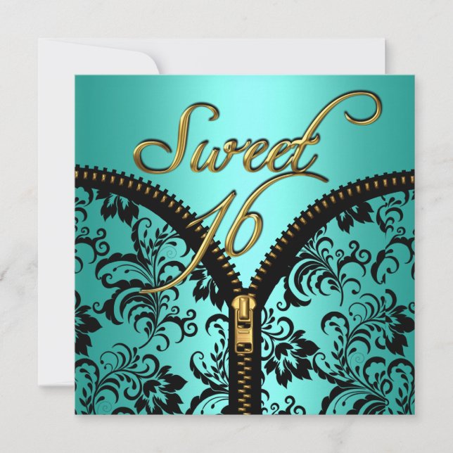 Convite Doce 16 Damask Teal Azul Dourado Preto (Frente)