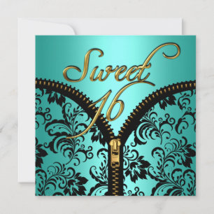 Convite Doce 16 Damask Teal Azul Dourado Preto