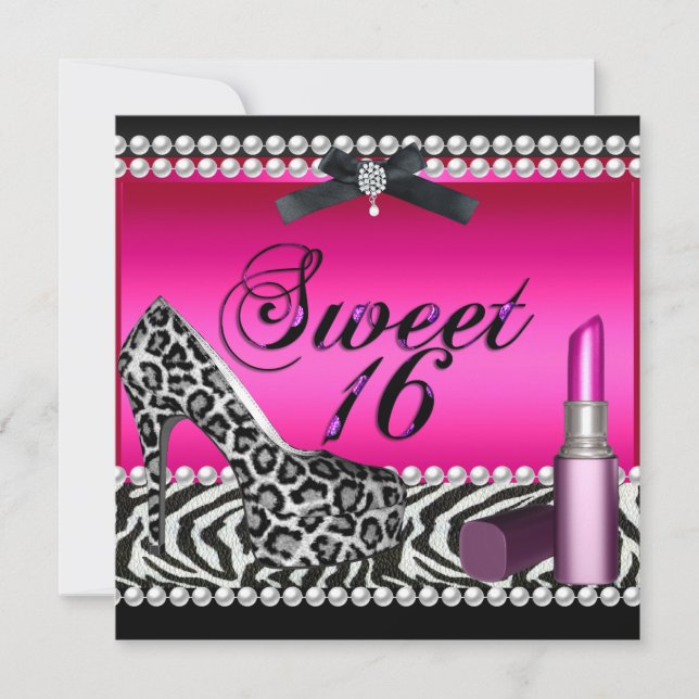 Convite Doce 16 Dezesseis Batom Rosa Quente Zebra Leopardo (Frente)