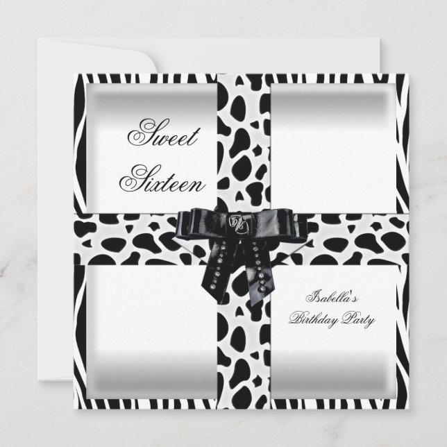 Convite Doce 16 Dezesseis da 16ª Zebra Branca Negra Girafa (Frente)