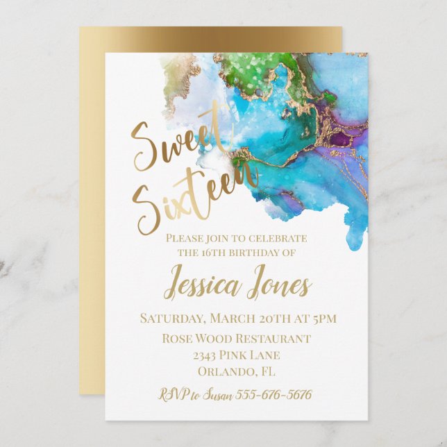 Convite Doce 16 Dezesseis Festas de aniversário Douradas A (Frente/Verso)