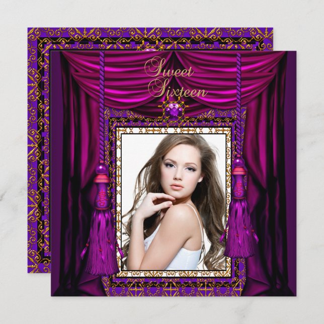 Convite Doce 16 Dezesseis Festas de aniversário Rosa Púrpu (Frente/Verso)