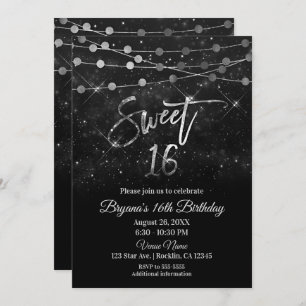 Convite Doce 16 Dezesseis Luzes Negras e Prateadas