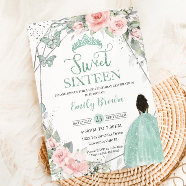 Convite Doce 16 Dezesseis Noivais Blush Floral Mint Green (blush-floral-brown-princess-mint-seafoam-green-dress-silver-crown-sweet-sixteen-16-birthday-invite)
