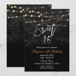 Convite Doce 16 Dezesseis Preto Prata Dourado Luzes de Bri