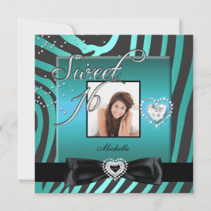 Convite Doce 16 Dezesseis Preto Zebra Teal Foto