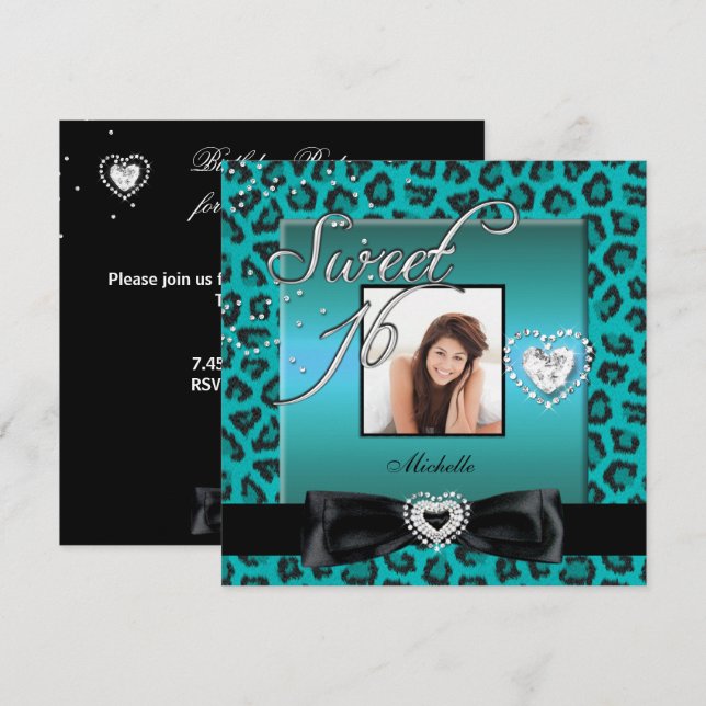 Convite Doce 16 Dezesseis Tule Preto Leopardo Foto (Frente/Verso)