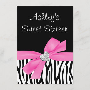 Convite Doce 16 do diamante do arco do rosa da zebra