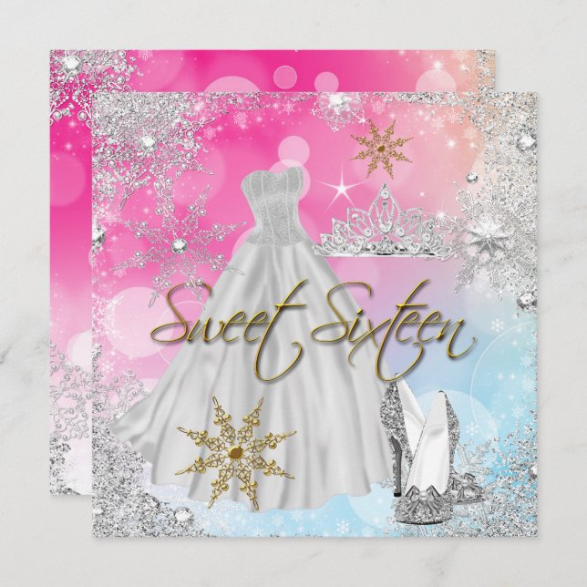 Convite Doce 16 Doce 16 Elite Azul Rosa Dourada (Frente/Verso)