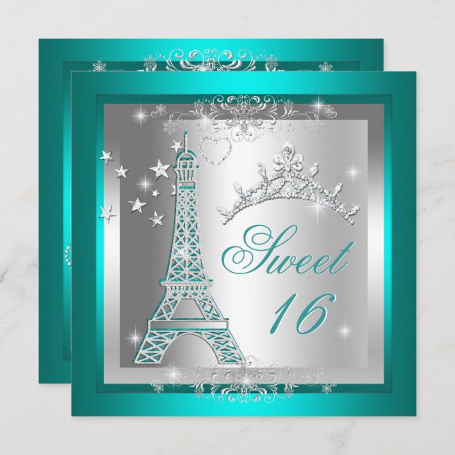 Convite Doce 16 Doce 16 Teal Torre Tiara Eiffel (Frente/Verso)