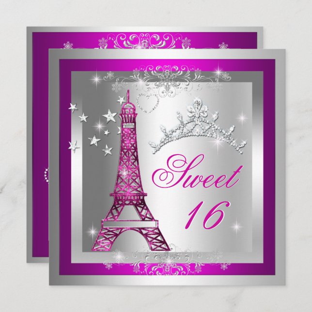 Convite Doce 16 Doce 16 Torre Rosa Tiara Eiffel (Frente/Verso)