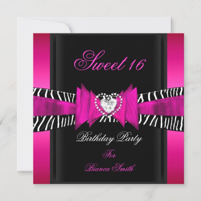 Convite Doce 16 Doce Dezesseis Rosa Quente Listras Pretas (Frente)