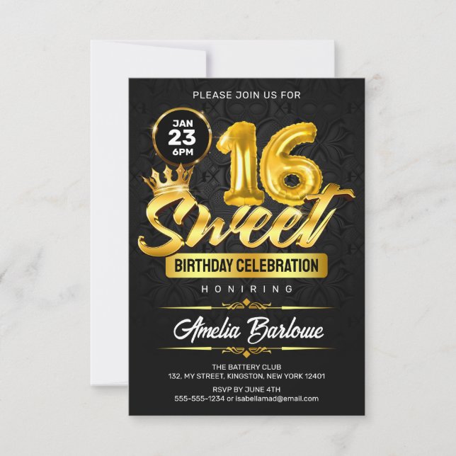 Convite Doce 16 Elegante Preto e Dourado Premium (Frente)