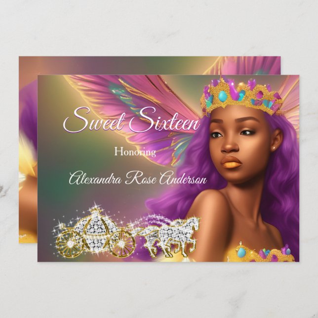 Convite Doce, 16 Fairytale, Carruagem Dourada rosa púrpura (Frente/Verso)