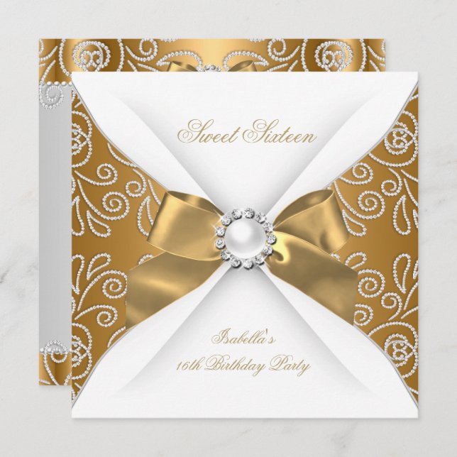 Convite Doce 16 Faux Diamond Party Dourado de Bronze (Frente/Verso)